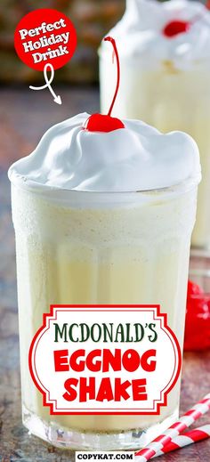 mcdonald's eggnog shake with whipped cream on top and candy canes in the background