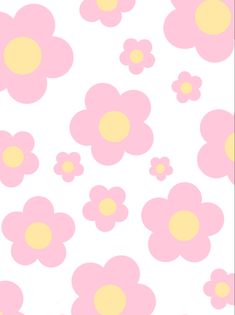 a pink and yellow flower pattern on a white wallpaper with pastel yellow dots