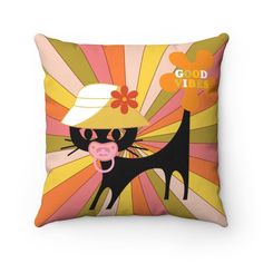 a pillow with a cat wearing a sombrero and saying good vibes on it