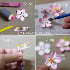 four pictures showing how to make paper flowers with glue and crayon pencils