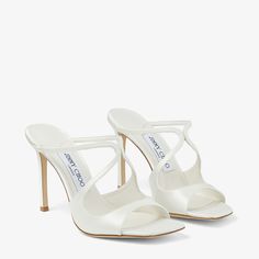 Jimmy Choo Anise 95, Classic White Sandals With 4-inch Heel, Classic White High Heel Sandals, Luxury White Open Heel Sandals, Classic White Sandals With Heel Strap, White Heels With Removable Insole And Open Heel, White Open Heel Shoes With Removable Insole, Luxury White Open Toe Heels, White Fitted Almond Toe Heels