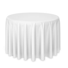 a white round table with pleated skirting on the top and bottom, in front of a white background