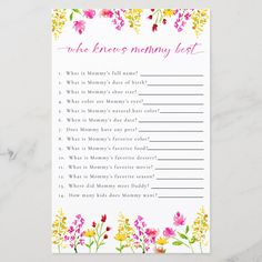 a baby shower game with flowers and the words who knows mommy best? on it