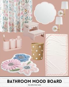 bathroom mood board with pink and white decor, flowers, toiletries, rugs, shower curtain