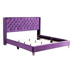 a bed with purple upholstered headboard and foot board is shown in front of a white background