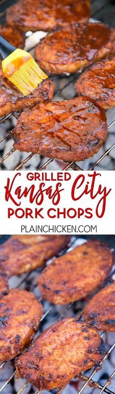 grilled pork chops on the grill with text overlay that reads zesty pork chops