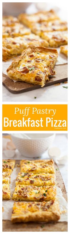 puff pastry breakfast pizza on a cutting board with the text puff pastry breakfast pizza above it