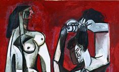 an abstract painting of two women sitting next to each other on a red background with black and white lines