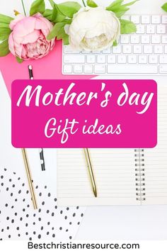 a pink sign that says mother's day gift ideas on top of a desk