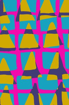 an abstract pattern with yellow and blue shapes on a pink, purple, and blue background