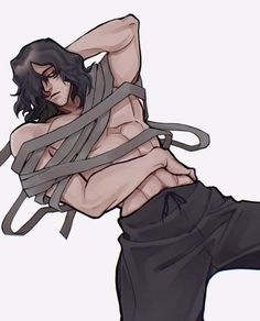 a drawing of a shirtless man tied up to ropes with his hands on his hips