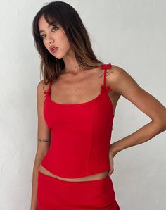 Kaida Bow Detail Corset Top in Tailoring Red – motelrocks-com-us 80 Skirt, Mini Skirt Party, Skirt Outfits Summer, Soft Tailoring, 2 Piece Skirt Set, Bandeau Dress, Party Skirt, Women Christmas, Summer Skirts