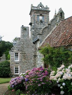 an old stone building with flowers in the foreground and a clock tower in the background