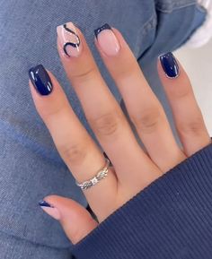 Medium Nails Ideas, Navy Blue Nails Acrylic, Nails Acrylic Square, June Nails Ideas, Lilac Nails, French Tip Nail Designs