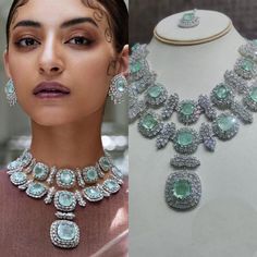 Experience the allure of Manish Malhotra-inspired India Diamond Jewelry, evoking the essence of a Sabyasachi Necklace Set. Our enchanting Mint Green Necklace, embellished with dazzling American Diamonds, promises to infuse your look with an irresistible blend of opulence and grace. Embrace the eternal allure of sophistication and leave a lasting impression at your upcoming special occasion. *𝐏𝐑𝐎𝐃𝐔𝐂𝐓 𝐃𝐄𝐓𝐀𝐈𝐋* * Material: Brass * Plating: White Rhodium Plated * Stone: AAA Quality CZ Mi Luxury Emerald Necklace With Jewels For Formal Occasions, Luxury Emerald Necklace With Jewels For Formal Events, Luxury Emerald Necklace For Formal Events, Bridal Diamond Necklace With 17 Jewels, Fine Jewelry Bridal Necklace With Jewels For Party, Opulent Hand Set Jewelry For Party, Luxury Hand Set Diamond Necklace For Party, Dazzling Jeweled Emerald Necklace For Formal Events, Opulent Formal Jewelry With Gemstone Accents