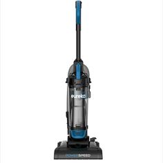 a blue and black vacuum cleaner on a white background