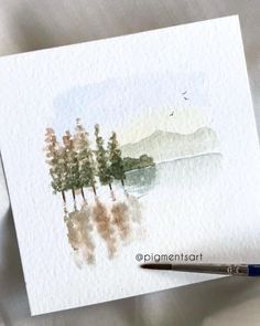 a watercolor painting of some trees in the distance with a bird flying over it