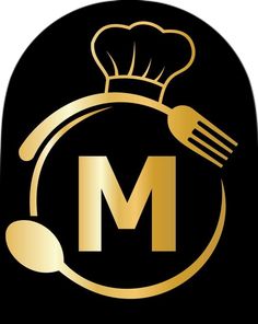 a black and gold logo with a chef's hat on top of the letter m