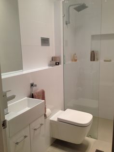 a white toilet sitting next to a walk in shower