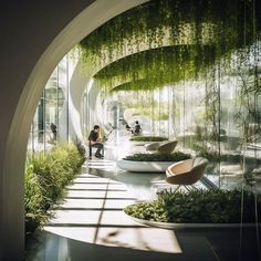 a person sitting on a bench in a room with plants growing up the side of it