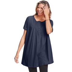 Elegant pintucks at the chest add a touch of femininity and sophistication. The relaxed fit and graceful drape ensure ultimate comfort for all-day wear. Perfectly designed tunic length looks great with leggings, jeans, or capris. Straight hem with side slits for ease of movement and a flattering fit. 30" tunic length hits at the upper thigh, offering excellent coverage. Made from a soft and breathable cotton/rayon knit for maximum comfort. Easy care - just machine wash and enjoy hassle-free main Linen Shorts Women, Woman Within, Plus Size Shorts, Tunic Length, Linen Women, Shop Blouses, Trending Shirts, Sleeve Styles, Top Shirt