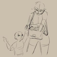 a black and white drawing of a person holding a baby's hand while standing next to it