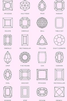 Polished gemstones come in all colors, shapes, cuts, sizes, etc. Learn the difference between an asscher cut diamond and a radiant cut ruby. Why are certain stones cut in certain ways? Each gemstone is unique and the way it is cut can alter how it looks to the naked eye. What shape makes a diamond sparkle the most? Check out our education section on our website to learn all about the different gemstones and their shapes. Ring Stone Shapes, Gem Cuts, Diamond Shaped, Jewelry Shapes, Diamond Shapes Chart, Gemstone Shapes, Diamond Cuts Chart, Different Cuts Of Diamonds