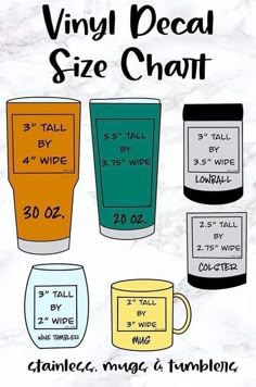 an image of vinyl decal size chart for coffee mugs and teacups