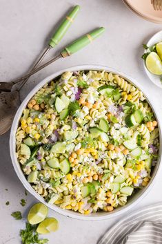 Large salad bowl of cilantro lime pasta salad filled with pasta, chickpeas, cucumber, red onion, corn, and a creamy avocado cilantro lime dressing. Cilantro Lime Pasta, Lime Pasta Salad, Pasta Salad With Chickpeas, Lime Pasta, Pasta Salad For Kids, Healthy Pasta Salad Recipes, Salad With Chickpeas, Kids Pasta