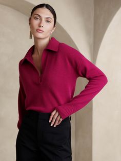 Luna Cashmere Sweater Polo | Banana Republic Cashmere Polo, Red Blush, Sweater Polo, Johnny Collar, High Rise Style, Cashmere Yarn, Colourful Outfits, Petite Size, Cashmere Sweater