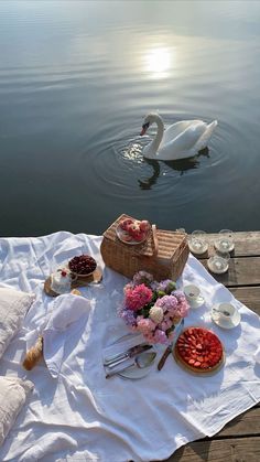 a swan is swimming in the water next to food and drinks on a picnic blanket