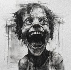 a black and white drawing of a creepy man with his mouth wide open showing teeth