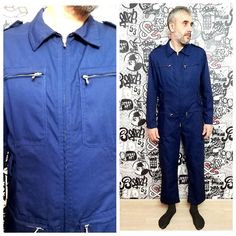 "One Piece navy blue Coveralls vintage navy blue Jumpsuit mens Overalls mens Coveralls utility workwear mechanic uniform L 35% cotton 65%polyester height of the men in the photo - 187 cm Please refer to photos for details of condition. Condition: very good vintage Measurements : Length: 151 cm/ 59.4\" Shoulders: 48 cm/18.9\" Sleeve : 61cm/24.0\" Bust: 118 cm/46.4 \" Waist: 102 cm/40.1\" Hips: 118 cm/46.4\" Rise: 71 cm/27.9\" Inseam: 73 cm/28.7\" Tag Size: 50 note The color on the pictures may va Vintage Blue Jumpsuits And Rompers For Workwear, Vintage Blue Overalls For Workwear, Blue Utility Jumpsuits With Side Pockets, Blue Utility Jumpsuits And Rompers With Side Pockets, Fitted Blue Utility Overalls, Blue Overalls With Side Pockets For Work, Mechanic Uniform, Mechanics Uniform, Mens Coveralls