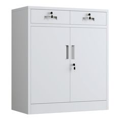 a white cabinet with two doors and handles