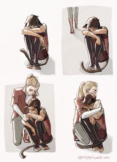 four pictures of people hugging each other on the same chair as they sit in chairs