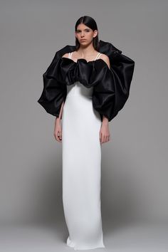 Ruffled bodice column silhouette dress - HerTrove Volume Dress, Isabel Sanchis, Ruffled Gown, Cape Gown, Silhouette Dress, Off Shoulder Gown, Column Skirt, Black And White Theme, Theme Dress