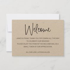 a wedding welcome card with the words welcome written in cursive writing on it