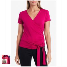 This Tie Front Blouse Is Fun And Flirty, Leaving You Feeling Fabulous V-Neckline Short Cap Sleeves Wrap Style Style#: 9150665 Color: Casbah Pink 96% Viscose, 4% Elastane Lay Flat Measurements: L: 20.5” B: 17.5” W: 12.5” New With Tags. Size Xxs Sku: 85, 4897 Fitted Solid Color Wrap Top, Versatile Fitted Short Sleeve Wrap Top, Versatile Fitted Wrap Top With Short Sleeves, Casual Fitted Short Sleeve Wrap Top, Fitted V-neck Wrap Top In Solid Color, Chic Fitted Faux Wrap Top, Chic Fitted Top With Faux Wrap, Casual Wrap Tops For Night Out, Fitted Faux Wrap Top For Spring