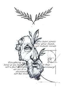 a drawing of a man's face with leaves on his head and words above it