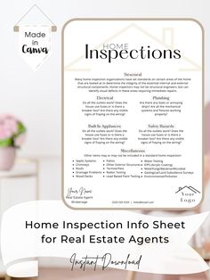 a real estate agent's home inspection info sheet with the words, home inspection info sheet for real estate agent