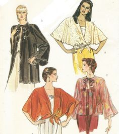 Misses Cover ups: Loose-fitting, below waist or below hip length cover up has topstitching and narrow hem. A: front, back and sleeves cut in one and front extends into tie ends. B: one-piece self-lined pull over cover up has front gathered into waistline with attached tie ends (back hangs free) C and D: cardigan neckline, seven-eighths length kimono sleeves and purchased ribbon bow. D: purchased trim. Pattern printed by Vogue Pattern Service circa 1980's, and is in factory folds. This is an orig Vintage Blouse Pattern, 70s Vogue, 1970s Sewing Patterns, Vintage Vogue Sewing Patterns, Patron Vintage, Boho Poncho, Mode Kimono, Vogue Sewing, Vogue Sewing Patterns