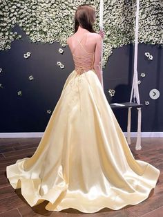 Silhouette:?A Line Waist: Natural Sleeve Length: Sleeveless Fabric: Satin Shown Color:?Yellow Built-In Bra: Yes Yellow Satin Wedding Dress, Yellow Belle Prom Dress, Baby Yellow Prom Dresses, Pastel Yellow Prom Dress, Yellow Satin Prom Dress, Yellow Princess Dress, Long Yellow Dress, Yellow Ball Gown, Prom Dress Yellow