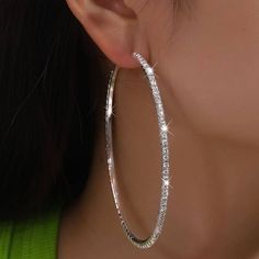 Rhinestone Hoop Earrings Brand New Perfect Condition 3.35 Inches Sparkly Hoop Earrings, Big Silver Hoop Earrings, Silver Rhinestone Hoop Earrings, Chunky Silver Earrings, Diamond Hoop Earrings Large, Silver Hoops Earrings, Hoop Earrings Aesthetic, Sunny Fashion, Silver And Gold Earrings