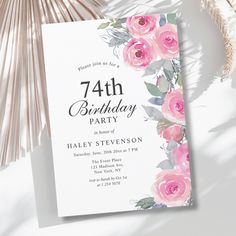 a birthday party card with pink roses on it