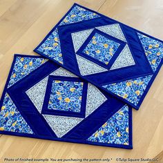 three blue and white quilts on the floor with text overlay that reads, photo finished example you are purchasing the pattern only