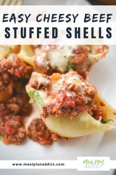 an easy cheesy beef stuffed shells recipe on a white plate with text overlay