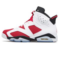 The Air Jordan 6 Retro OG ‘Carmine’ 2021 marks the triumphant return of a legendary colorway, celebrating its 30th anniversary. This iconic sneaker features a bold, eye-catching blend of white and carmine red on its leather upper, staying true to its original 1991 design. The black accents and translucent blue outsole add a touch of [...] Classic White Basketball Shoes With Red Sole, Classic University Red Sneakers With Cushioned Footbed, Classic White Sneakers With Red Sole, Air Jordan Nike, Air Jordan 6 Retro, Jordan Ones, Nike Air Jordan 6, Jordan 6 Retro, Jordan 8