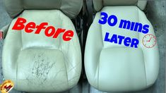 two white leather seats with the words before and after written in red letters on them