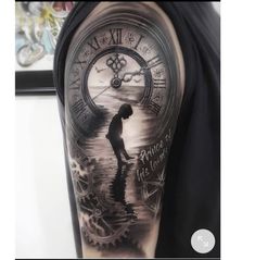 a man is standing in the water with a clock tattoo on his arm that reads,