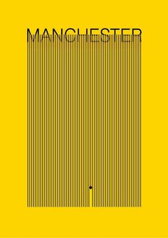 a yellow poster with the words manchester in black and white on it's side